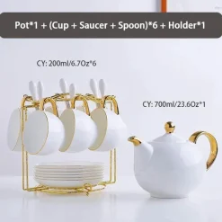 Elegantes Teeservice aus Bone China – Teetassen und Teekanne aus weißem Gold