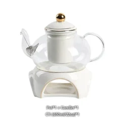 Elegantes Teeservice aus goldweißer Keramik mit Glasteekanne