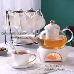 Elegantes Teeservice aus goldweißer Keramik mit Glasteekanne