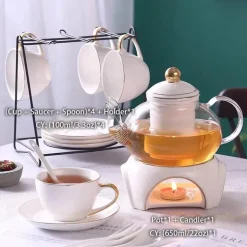 Elegantes Teeservice aus goldweißer Keramik mit Glasteekanne