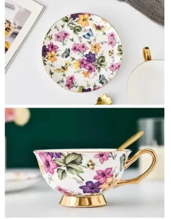 Elegantes Teetassen-Set aus Bone China – Schwarzes Kaffeegeschirr mit Untertasse und Löffel