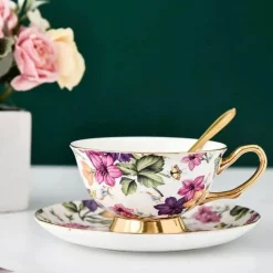 Elegantes Teetassen-Set aus Bone China – Schwarzes Kaffeegeschirr mit Untertasse und Löffel