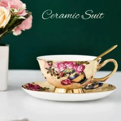 Elegantes Teetassen-Set aus Bone China – Schwarzes Kaffeegeschirr mit Untertasse und Löffel