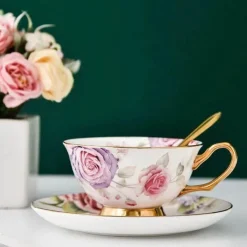 Elegantes Teetassen-Set aus Bone China – Schwarzes Kaffeegeschirr mit Untertasse und Löffel