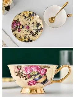 Elegantes Teetassen-Set aus Bone China – Schwarzes Kaffeegeschirr mit Untertasse und Löffel
