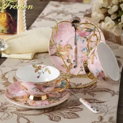 Elegantes Teetassen-Set mit Vogelmotiv – 200 ml Porzellantasse mit Untertasse und Löffel