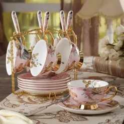 Elegantes Teetassen-Set mit Vogelmotiv – 200 ml Porzellantasse mit Untertasse und Löffel