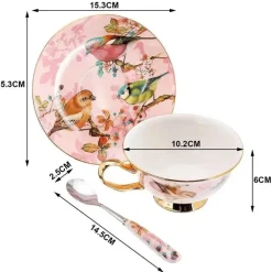 Elegantes Teetassen-Set mit Vogelmotiv – 200 ml Porzellantasse mit Untertasse und Löffel