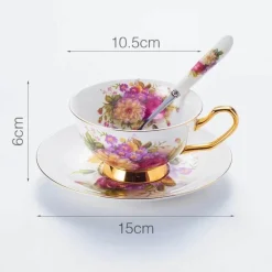 Elegantes Teetassen-Set mit Blumenmuster – Premium Bone China mit Untertasse und Löffel