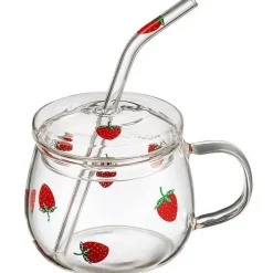 Erdbeerglasbecher – süßes hitzebeständiges Trinkgefäß mit Strohhalm, 300–350 ml