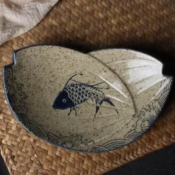 Essteller-Set mit japanischem Fischdruck – einzigartiges Keramikgeschirr