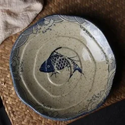 Essteller-Set mit japanischem Fischdruck – einzigartiges Keramikgeschirr