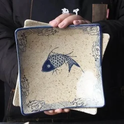 Essteller-Set mit japanischem Fischdruck – einzigartiges Keramikgeschirr