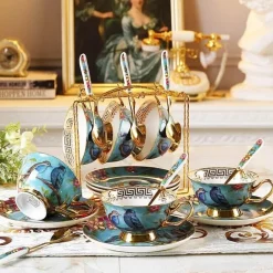 Europäisches Tee- und Kaffeeset mit blauem Vogel – Tasse aus Knochenporzellan, Teekanne, Zuckerdose, Milchkännchen