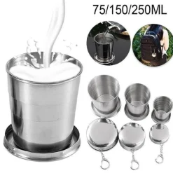 Faltbarer tragbarer Campingbecher aus Edelstahl mit Schlüsselanhänger