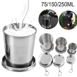 Faltbarer tragbarer Campingbecher aus Edelstahl mit Schlüsselanhänger