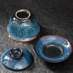 Gaiwan-Teeservice aus Porzellan – handgezeichnete blaue Sterntassen