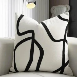Geometrisch bestickter Kissenbezug - Schwarz Weiß Beige Wildleder Canvas