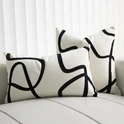Geometrisch bestickter Kissenbezug - Schwarz Weiß Beige Wildleder Canvas