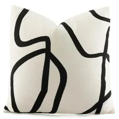 Geometrisch bestickter Kissenbezug - Schwarz Weiß Beige Wildleder Canvas