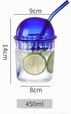 Gestreifter Glasbecher mit Deckel und Strohhalm – 450 ml für Kaffee, Saft, Milch, Tee