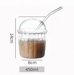 Gestreifter Glasbecher mit Deckel und Strohhalm – 450 ml für Kaffee, Saft, Milch, Tee
