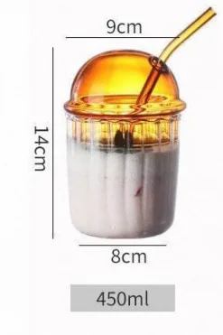 Gestreifter Glasbecher mit Deckel und Strohhalm – 450 ml für Kaffee, Saft, Milch, Tee