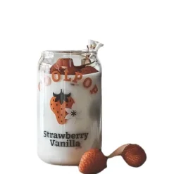 Glasbecher in Dosenform mit Fruchtdruck – 350 ml für Tee, Kaffee, Milch, Bier