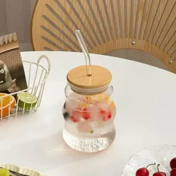 Glasbecher mit Strohhalm – Vielseitiger Becher für Kaffee, Saft, Bier, Wein