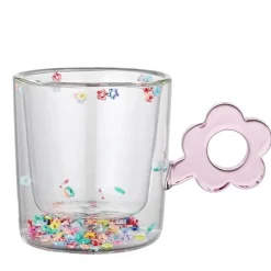 Glitzernde Blumentasse – 250 ml doppelwandiges Glas mit Blumengriff