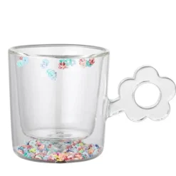 Glitzernde Blumentasse – 250 ml doppelwandiges Glas mit Blumengriff