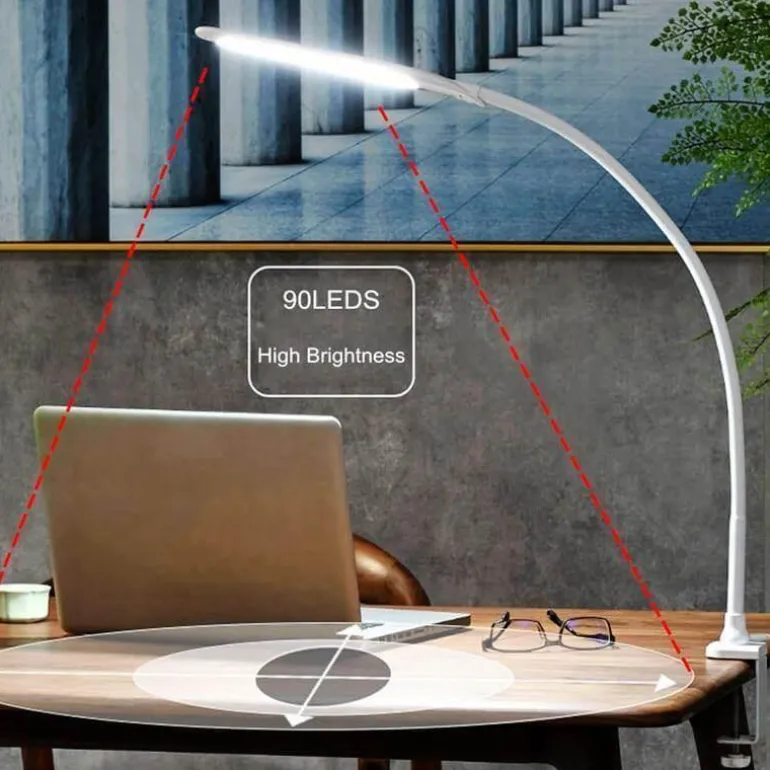 Gooseneck Clip-On Desk Lamp - Dimmable Adjustable Task Light