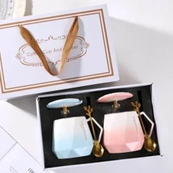 Gradient Diamond Tassenset für Paare – Keramik mit Deckel und Löffel