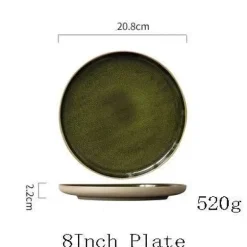 Grüne Keramik-Essteller – Retro, flacher Nudelsalat, 4er-Set