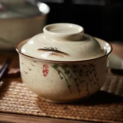 Große Keramik-Ramenschüssel mit Deckel – Retro-Suppen- und Salatteller