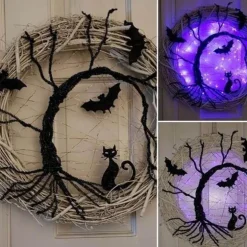 Halloween Door Wreath - Black Bat LED Light Decor