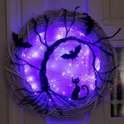 Halloween Door Wreath - Black Bat LED Light Decor