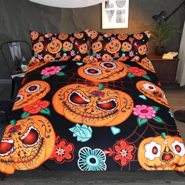 Halloween Kürbis Blumen Bettbezug Set - Festliche Bettwäsche