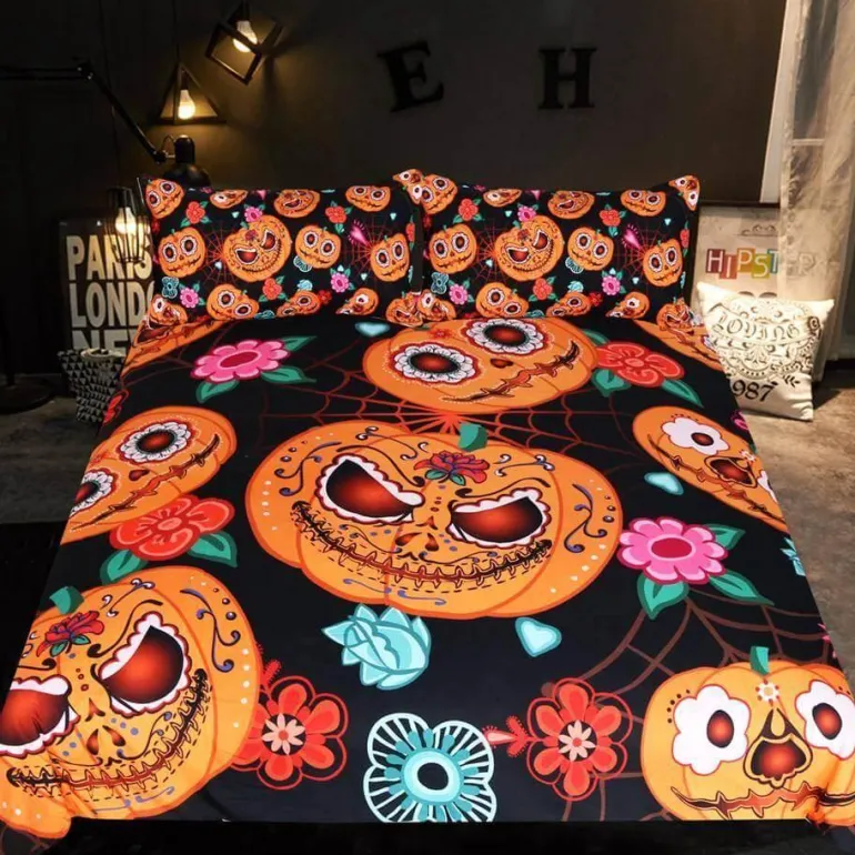 Halloween Kürbis Blumen Bettbezug Set - Festliche Bettwäsche