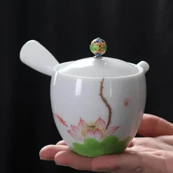Handbemalte weiße Teekanne – Verbrühungssicheres Kung-Fu-Teeset mit seitlichem Griff