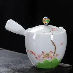 Handbemalte weiße Teekanne – Verbrühungssicheres Kung-Fu-Teeset mit seitlichem Griff