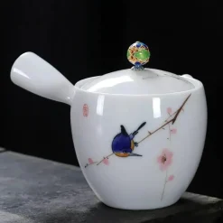 Handbemalte weiße Teekanne – Verbrühungssicheres Kung-Fu-Teeset mit seitlichem Griff