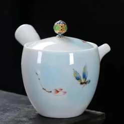 Handbemalte weiße Teekanne – Verbrühungssicheres Kung-Fu-Teeset mit seitlichem Griff