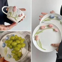Handgefertigte Keramiktasse mit 3D-Prägung in Tulpenform – Tasse mit elegantem Blumendesign