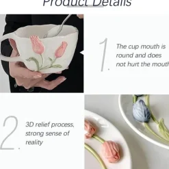 Handgefertigte Keramiktasse mit 3D-Prägung in Tulpenform – Tasse mit elegantem Blumendesign