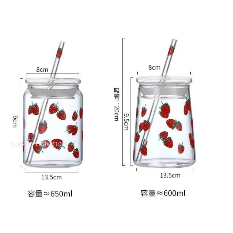 Handgefertigtes Glasbecher-Set – 600 ml Erdbeer-Kaltgetränkebecher mit Trinkhalmen