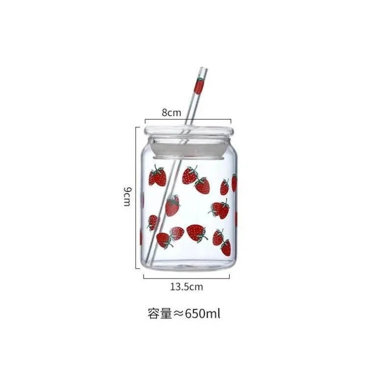 Handgefertigtes Glasbecher-Set – 600 ml Erdbeer-Kaltgetränkebecher mit Trinkhalmen