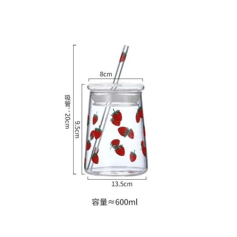 Handgefertigtes Glasbecher-Set – 600 ml Erdbeer-Kaltgetränkebecher mit Trinkhalmen
