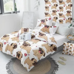 Hippie-Mops-Welpen-Bettwäscheset – 3-teiliges Cartoon-Bettbezug-Komfortset