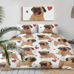 Hippie-Mops-Welpen-Bettwäscheset – 3-teiliges Cartoon-Bettbezug-Komfortset